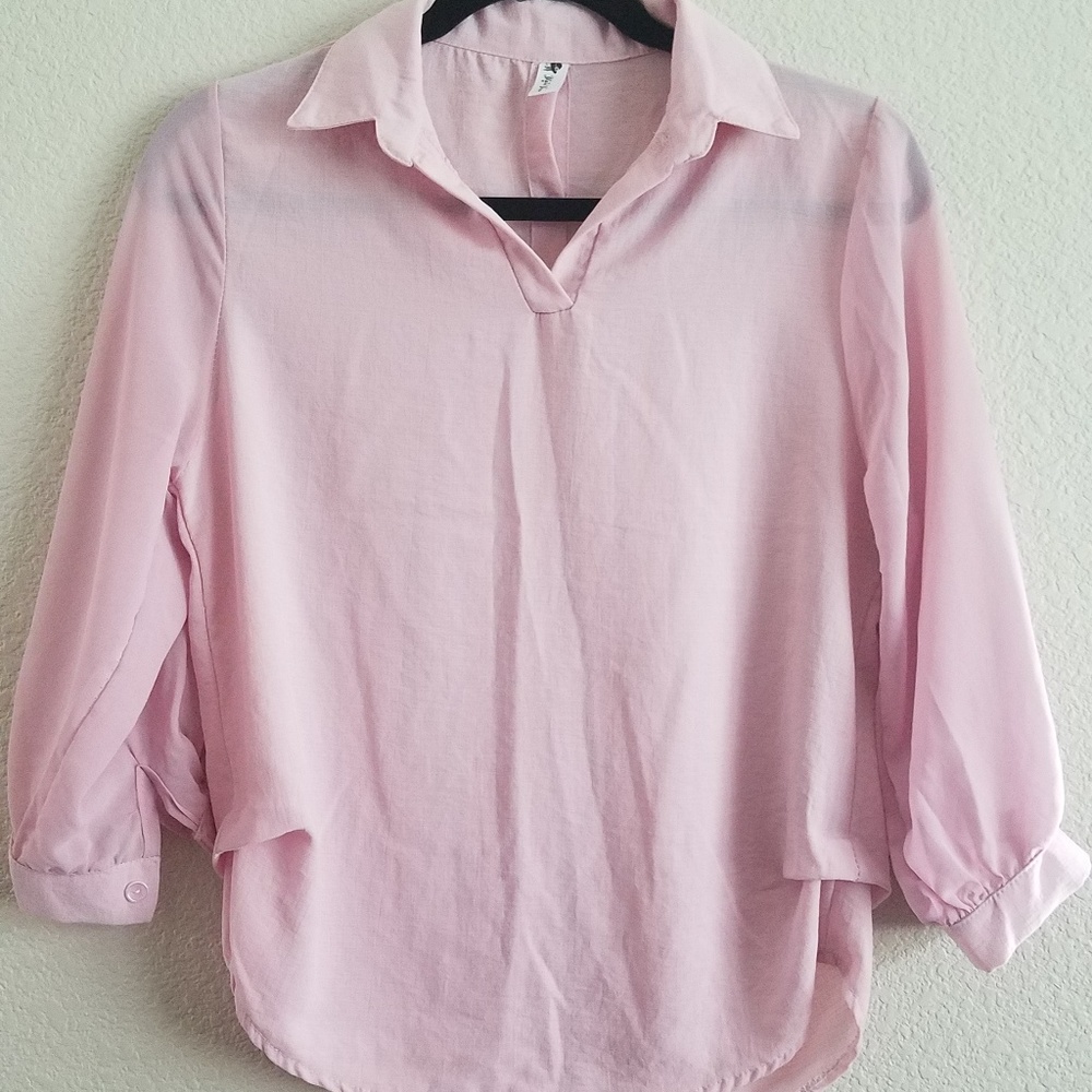 Pink 3/4 balloon semi-sheer sleeve blouse top
